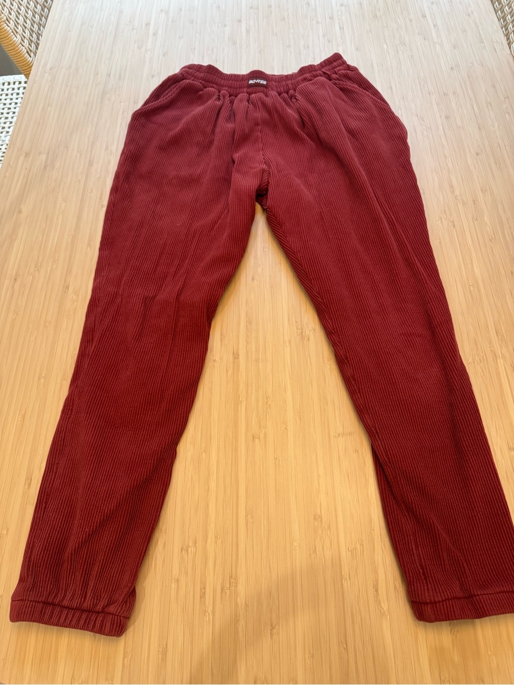 Bo+Tee Corduroy Jogger Pants in Red. Heavy Cotton with Stretch, Pockets